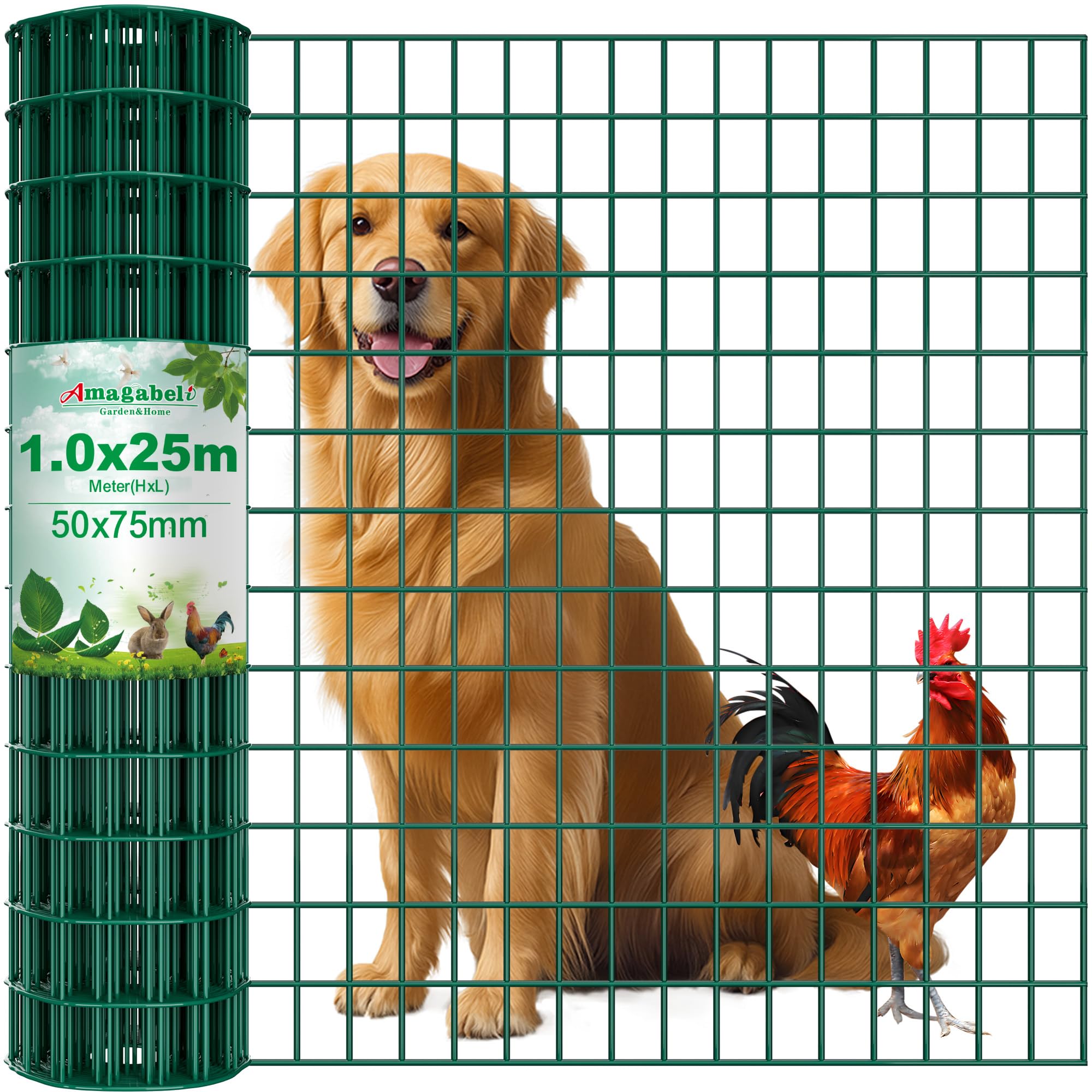 Amagabeli 1M x 25M Rust-Proof Green PVC Coated Galvanized Wire Mesh Fence, 1m high x 25m long, 50x75mm mesh, 2.0mm wire gauge