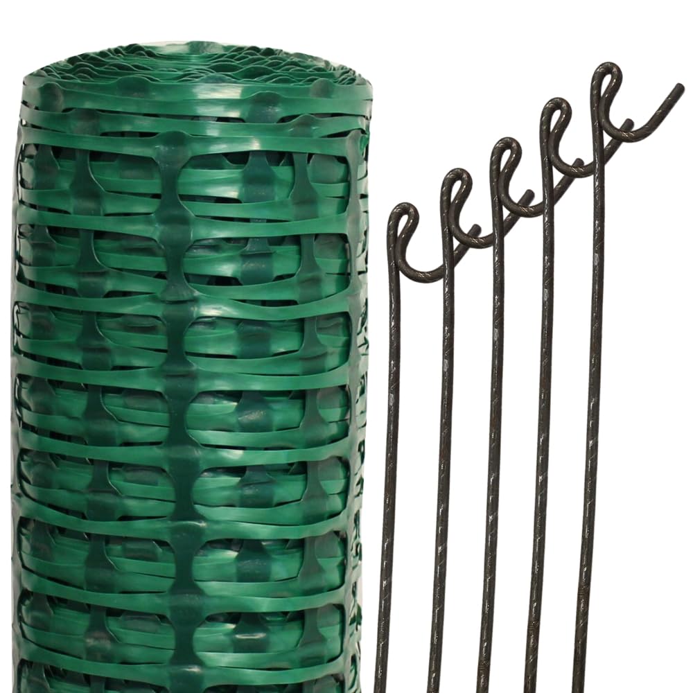 Suregreen Green Plastic Barrier Fencing Mesh with 5 Steel Pins, 1m high x 15m long, 80g/m2, includes 5 steel pins